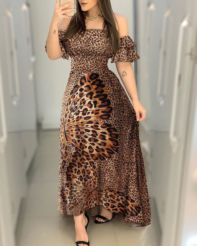 European and American dress off-shoulder wrapped chest butterfly printed waist large pendulum evening dress lotus leaf sleeve Amazon dress wholesale