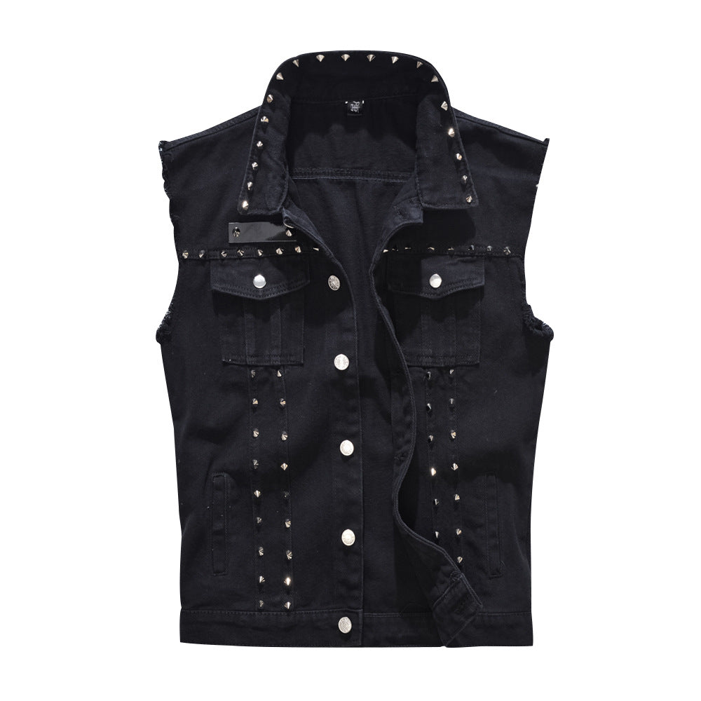 Trendy men's spring/summer autumn black Denim vest trendy cool rivet plus size vest Korean style personalized vest waistcoat
