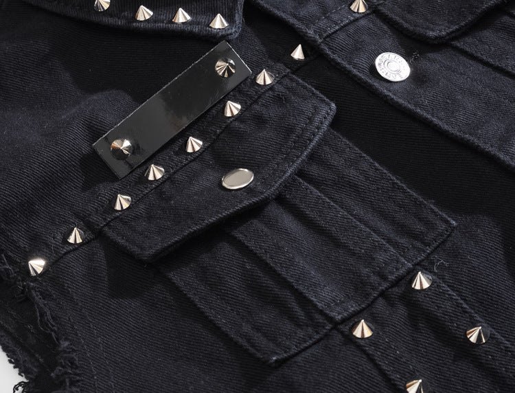 Trendy men's spring/summer autumn black Denim vest trendy cool rivet plus size vest Korean style personalized vest waistcoat