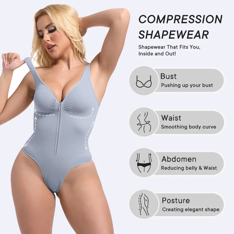 Bodysuit Gainant Femme Col V – Fermeture Éclair Invisible, Sans Couture, Slim