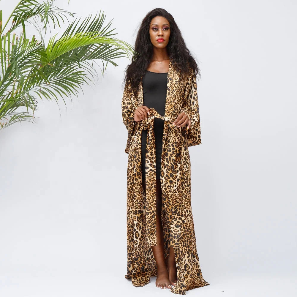 Wild Leopard Print Women Long Kimono Plus Sizes Long Sleeve Sexy Night Robe Factory Wholesale  Maxi Length Night Gowns