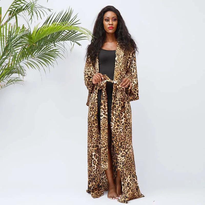 Wild Leopard Print Women Long Kimono Plus Sizes Long Sleeve Sexy Night Robe Factory Wholesale  Maxi Length Night Gowns