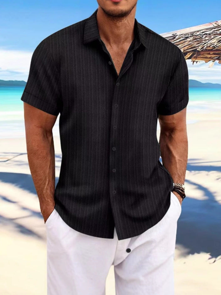 Chemise Homme Lin Rayée Manches Courtes – Style Britannique, Respirante, Été