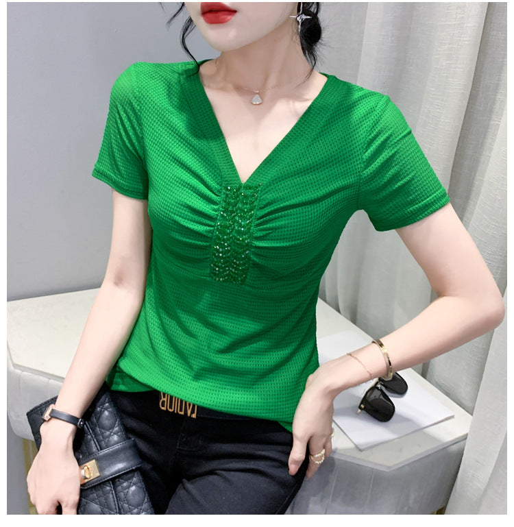 European 2024 Summer New Design Niche V-neck Bead Short-sleeved T-shirt Women's Slim-fit All-match Ins Top