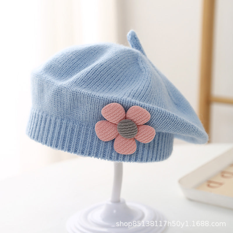 Baby hat autumn and winter baby girls' cute flower beret children's wool hat girls' knitted painter hat fashion