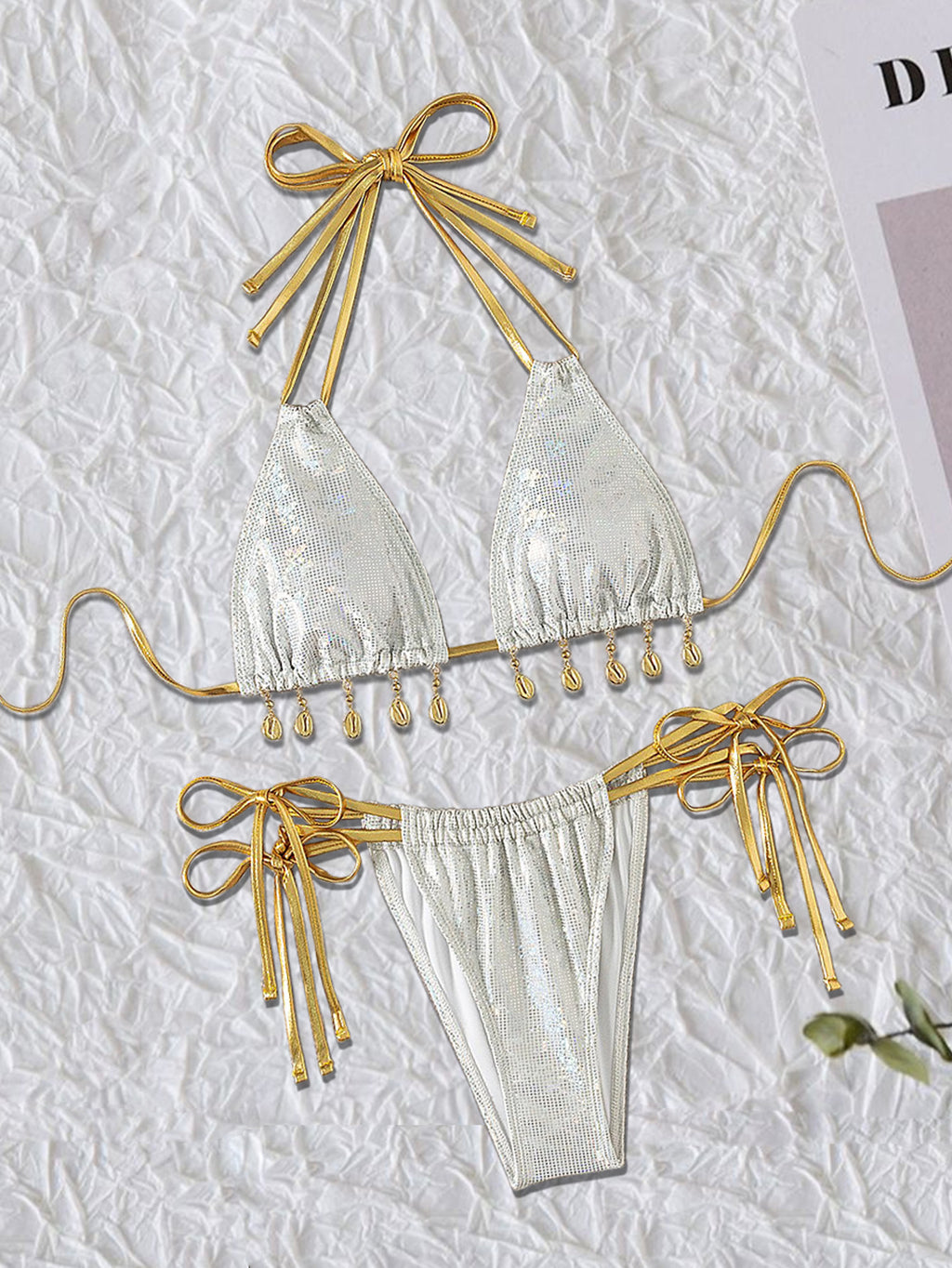 Cross-border Amazon Split Bronzing Swimsuit Neck Strap Shell Jewelry Pendant Women's Bikini Sexy Beach Suit
