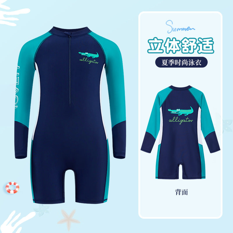 Children's Swimwear Men's Long-Sleeved Sunscreen Quick-Drying Swimwear for Middle School and Big Children's Swimming recommend Cartoon Crocodile Swimwear for Students