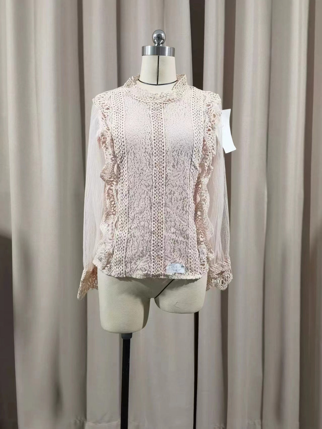 Europe, America and Russia Cross-border Foreign Trade New Elegant Solid Color Mesh Long Sleeve Puff Sleeve Crewneck Top Women's Lace Shirt