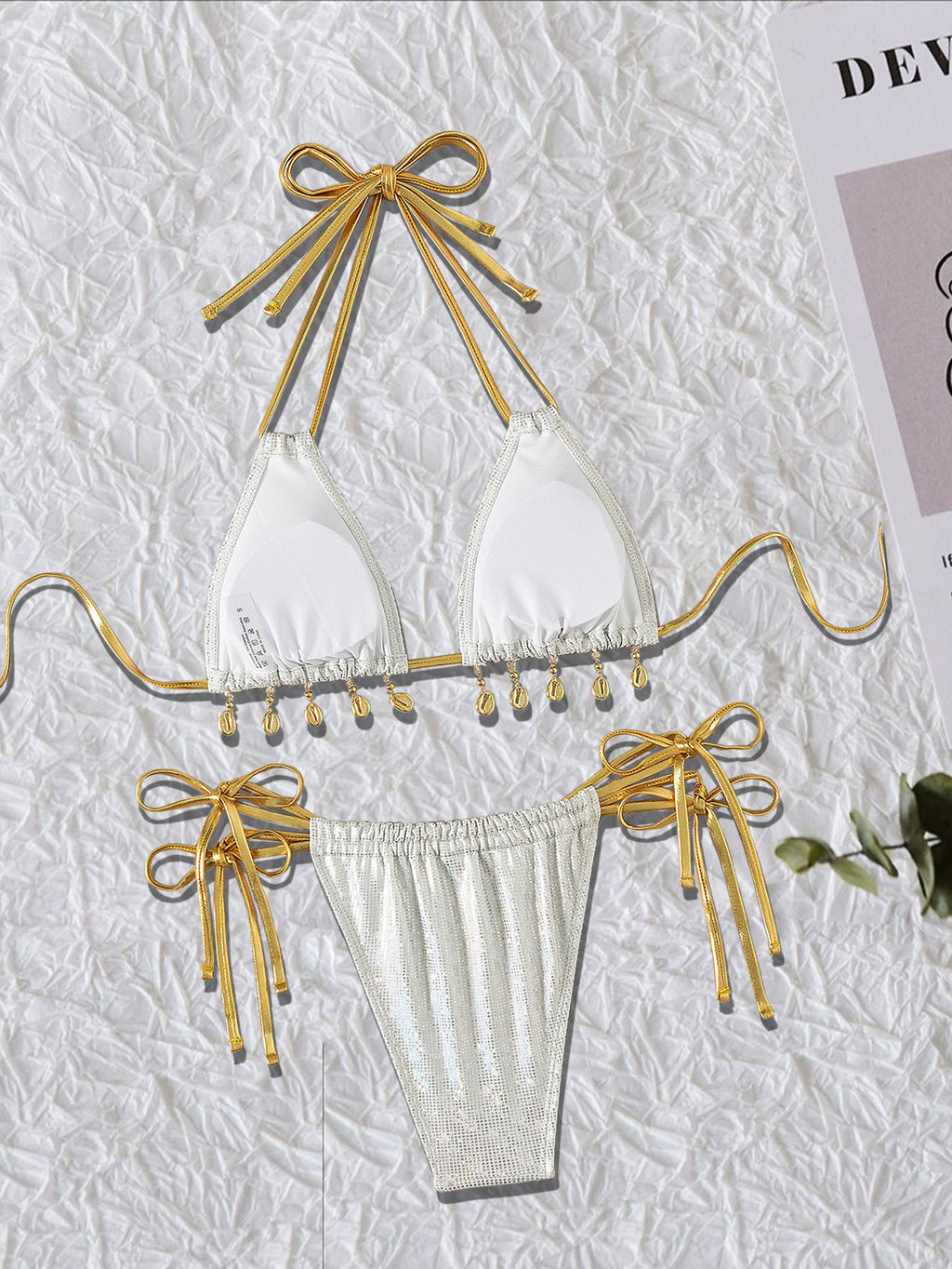 Cross-border Amazon Split Bronzing Swimsuit Neck Strap Shell Jewelry Pendant Women's Bikini Sexy Beach Suit