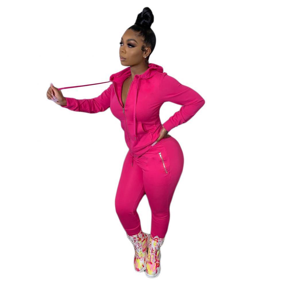 2024 cross-border autumn and winter European and American women's fashion sports leisure solid color suit personality zipper pocket two-piece set