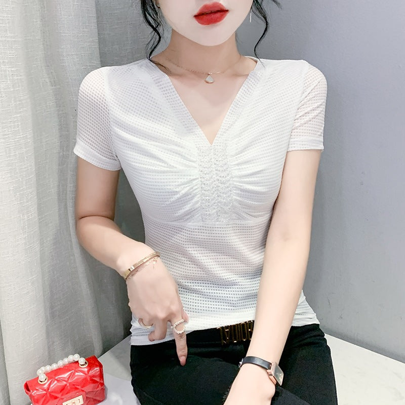 European 2024 Summer New Design Niche V-neck Bead Short-sleeved T-shirt Women's Slim-fit All-match Ins Top