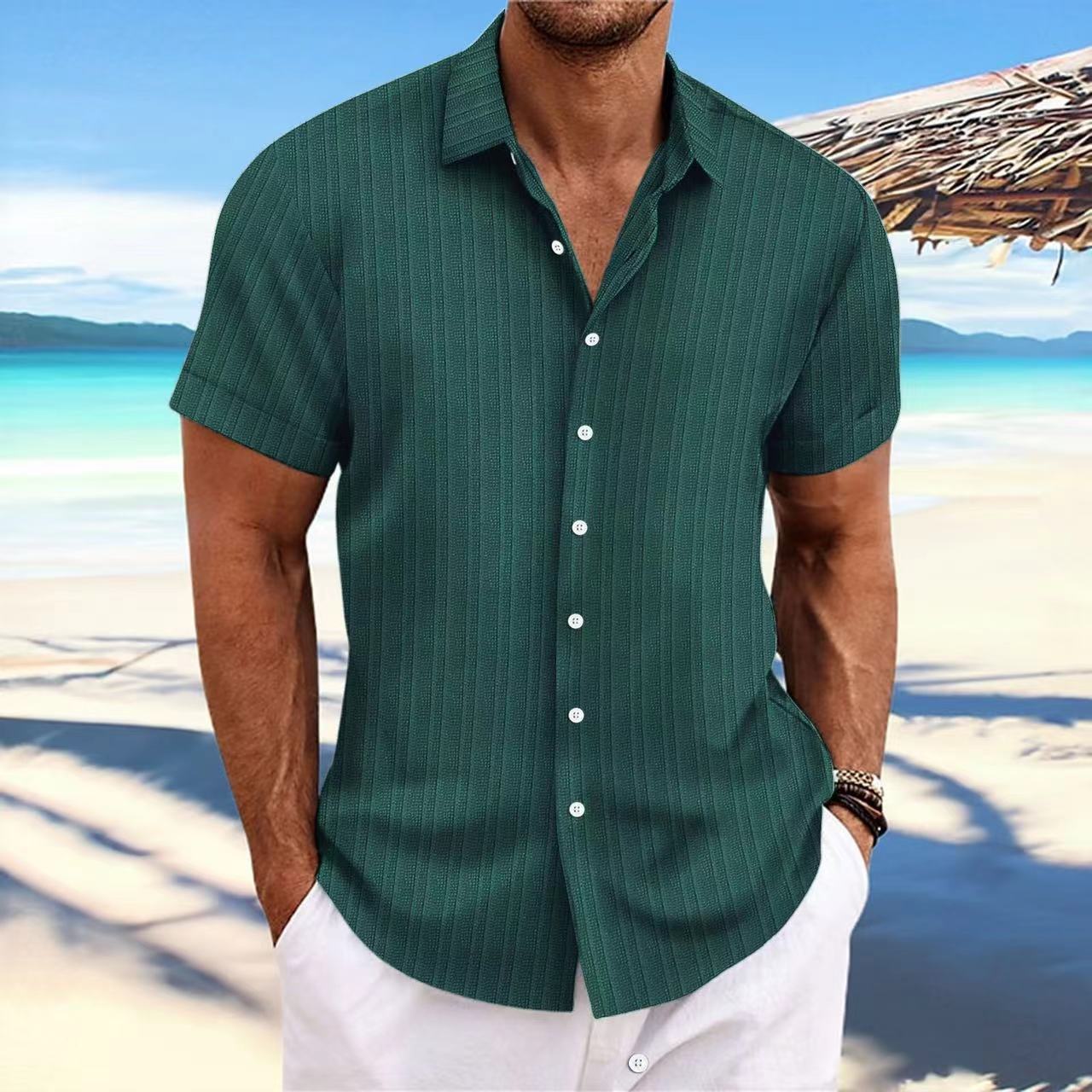 Chemise Homme Lin Rayée Manches Courtes – Casual, Respirante, Style Britannique