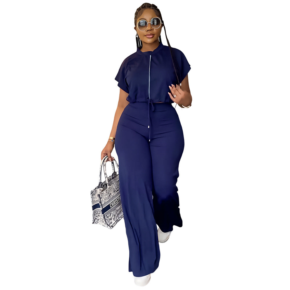 10163 cross-border European and American Amazon summer drawstring short top high waist split women's trousers fashion two-piece suit