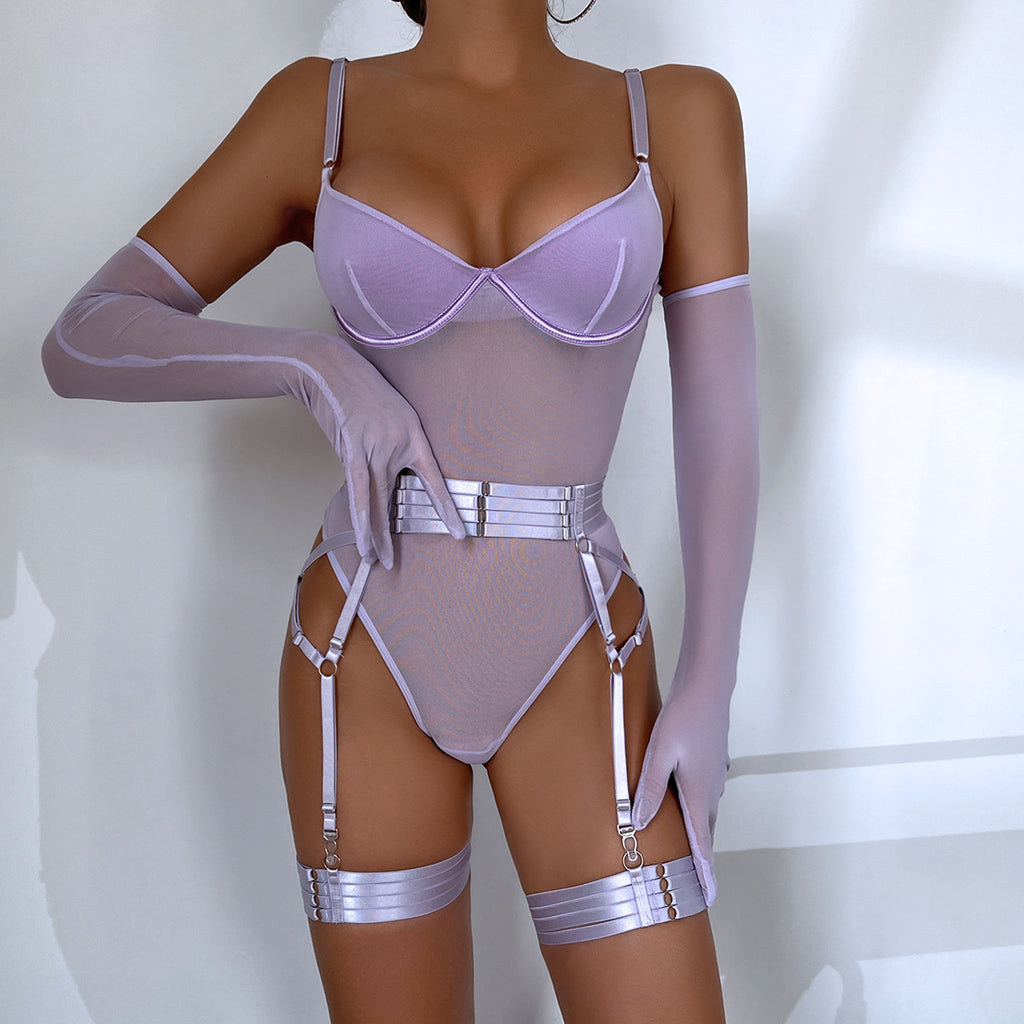 Lingerie Sexy Trois Pièces Dentelle – Bralette, Culotte & Gants Reine de Bal