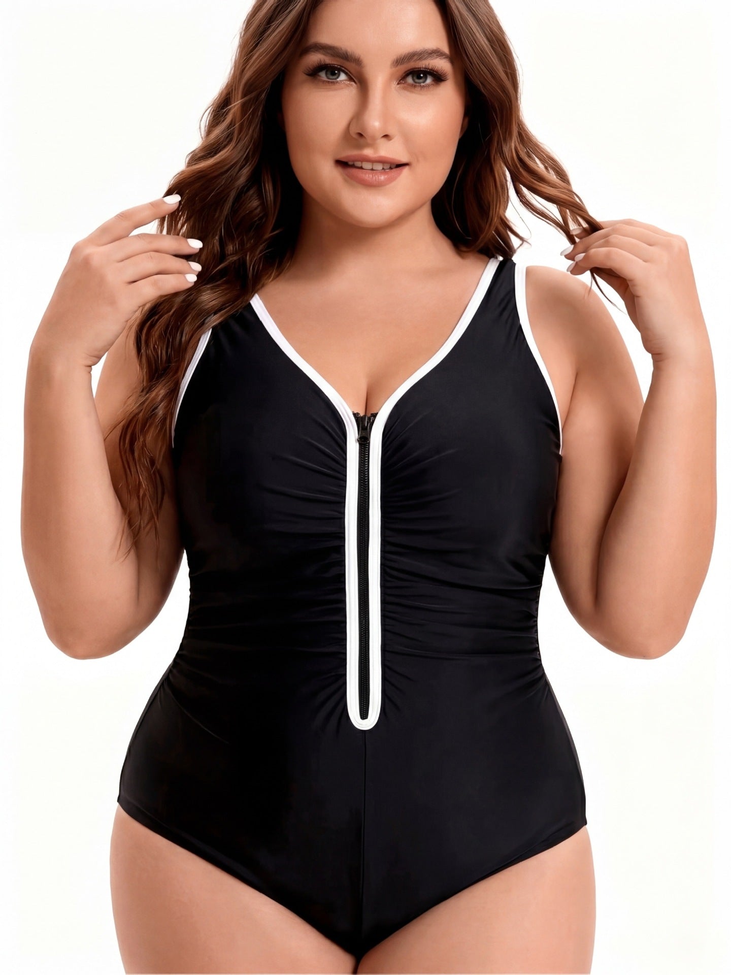Maillot de Bain Une Pièce Grande Taille Bicolore – Fermeture Éclair, Gainant