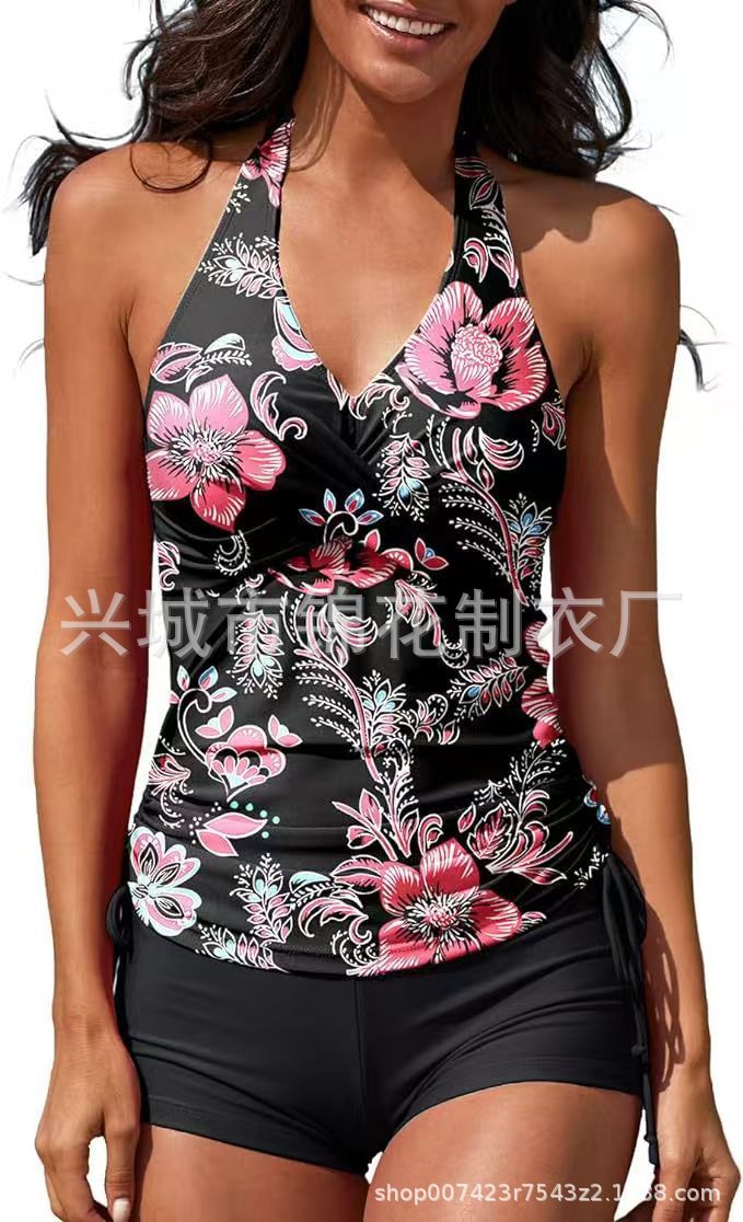 Cross-Border European and American Women's Fashionable High-End Two-Piece Split Hot Spring Resort Swimsuit with Drawstring Swimsuit with Boxer Angle