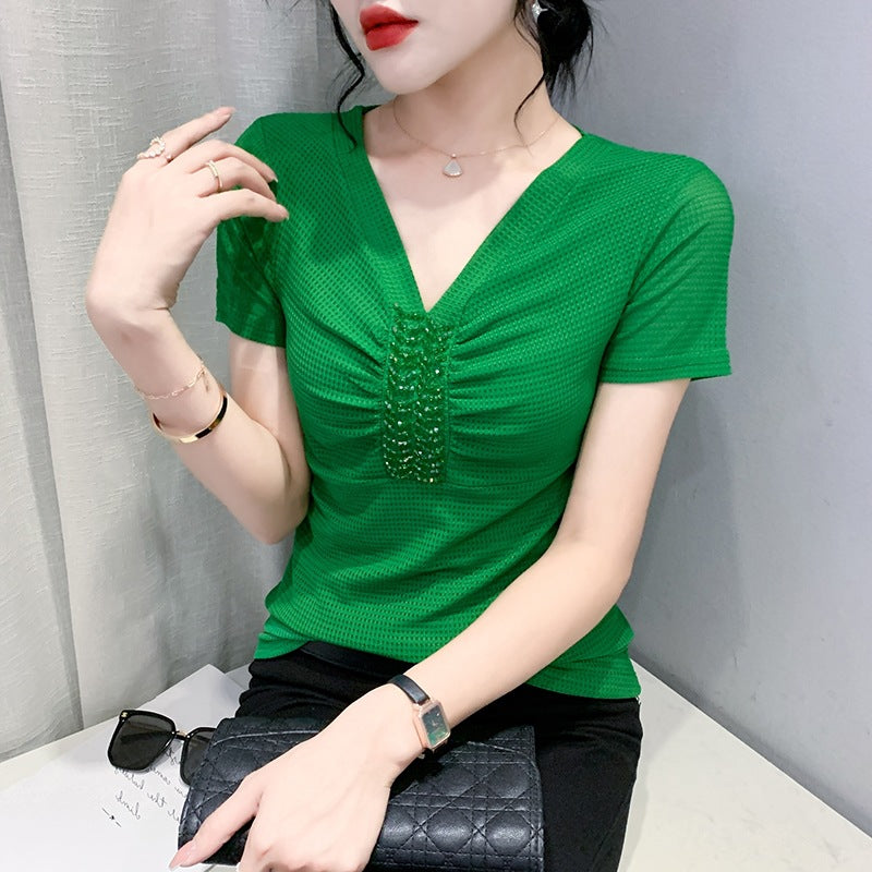 European 2024 Summer New Design Niche V-neck Bead Short-sleeved T-shirt Women's Slim-fit All-match Ins Top