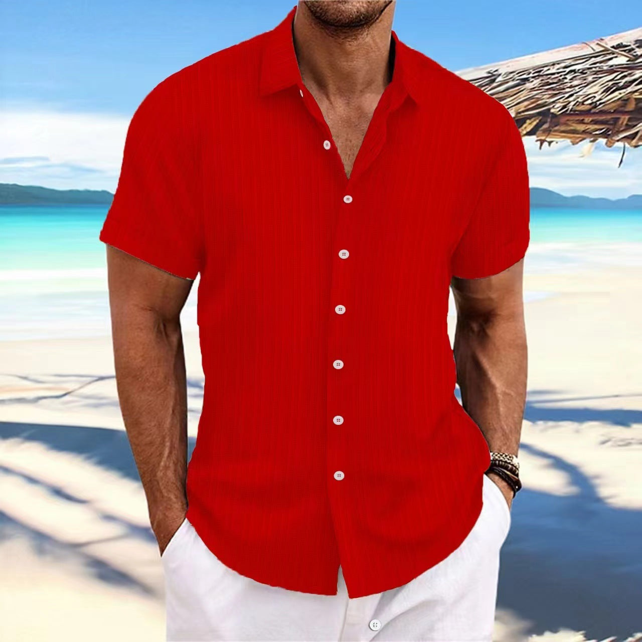 Chemise Homme Lin Rayée Manches Courtes – Style Britannique, Respirante, Été
