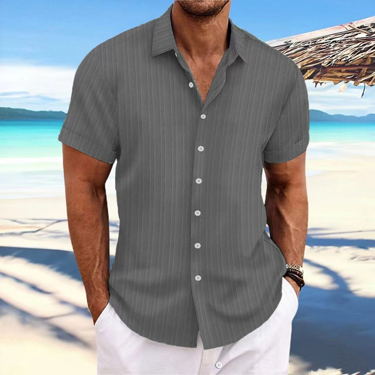 Chemise Homme Lin Rayée Manches Courtes – Style Britannique, Respirante, Été