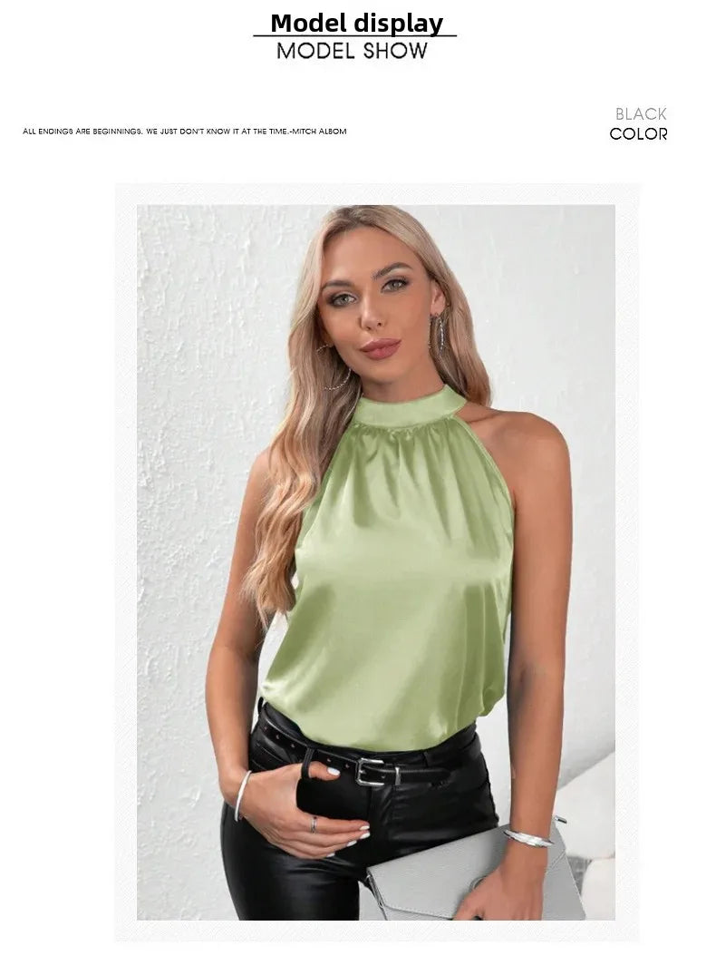 Amazon 2026 European and American Cross-Border Foreign Trade Summer New Satin Vest for Women, Solid Color Off-Shoulder Halter Neck Sleeveless Top