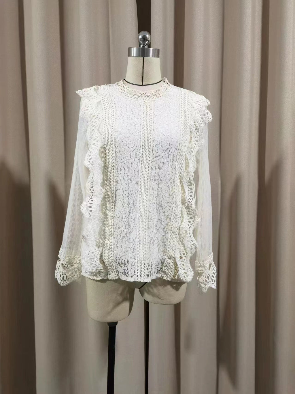 Europe, America and Russia Cross-border Foreign Trade New Elegant Solid Color Mesh Long Sleeve Puff Sleeve Crewneck Top Women's Lace Shirt