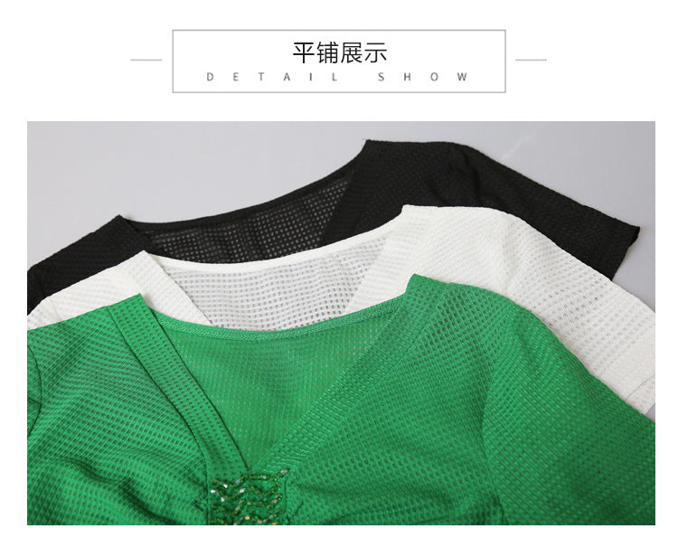 European 2024 Summer New Design Niche V-neck Bead Short-sleeved T-shirt Women's Slim-fit All-match Ins Top