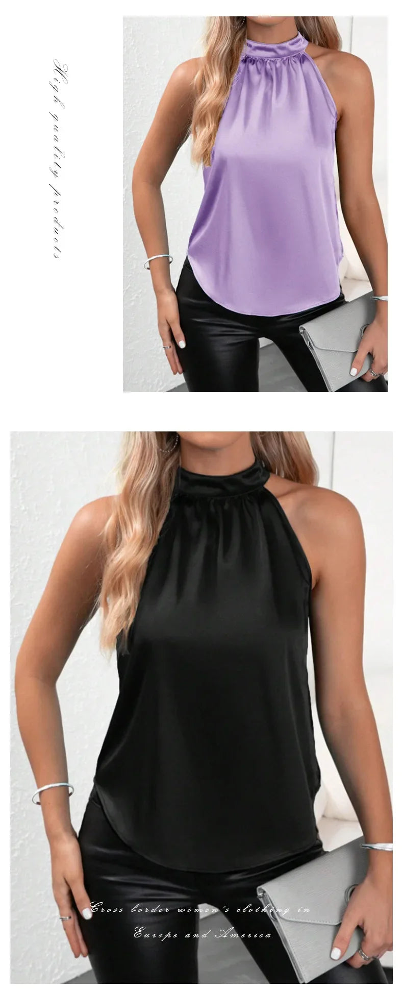 Amazon 2026 European and American Cross-Border Foreign Trade Summer New Satin Vest for Women, Solid Color Off-Shoulder Halter Neck Sleeveless Top