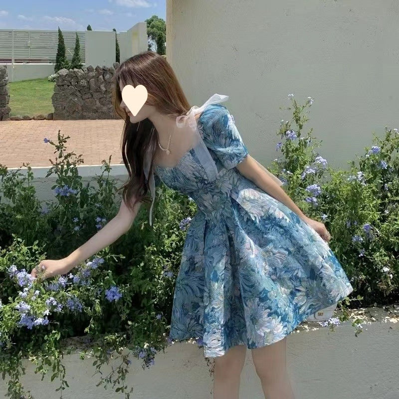 Floral dress Women's Summer French Style Elegant Short Waisted Skirt Niche Tutu Skirt Design Sense Sweet Puff Sleeve Skirt