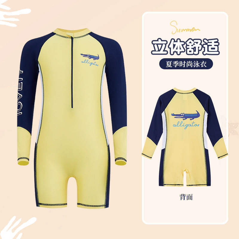 Children's Swimwear Men's Long-Sleeved Sunscreen Quick-Drying Swimwear for Middle School and Big Children's Swimming recommend Cartoon Crocodile Swimwear for Students