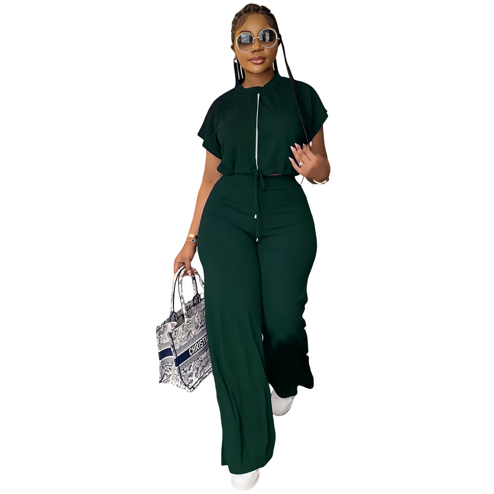 10163 cross-border European and American Amazon summer drawstring short top high waist split women's trousers fashion two-piece suit