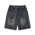 Cross-Border Popular Source | Hand-Painted Spider Denim Shorts Men's Summer Loose Retro Distressed Blue Straight-Leg Trousers