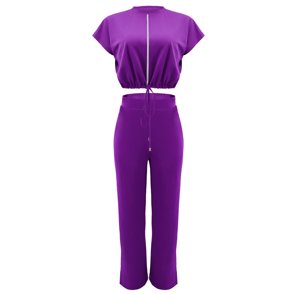 Ensemble Deux Pièces Femme – Top Cordon & Pantalon Taille Haute Fendu, Été