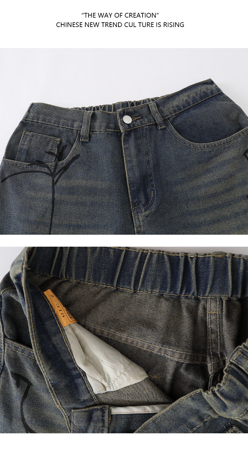 Cross-Border Popular Source | Hand-Painted Spider Denim Shorts Men's Summer Loose Retro Distressed Blue Straight-Leg Trousers