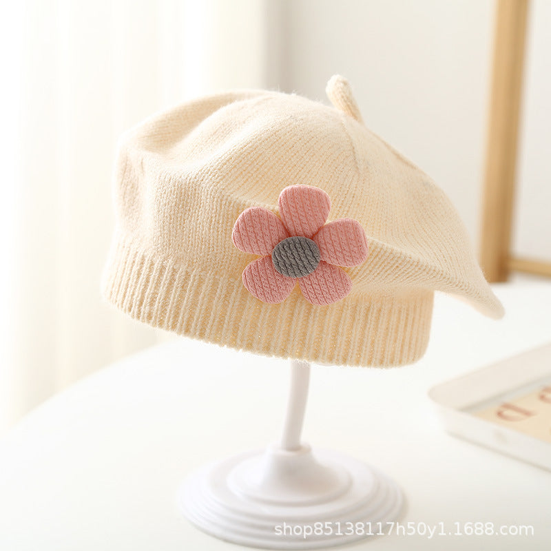 Baby hat autumn and winter baby girls' cute flower beret children's wool hat girls' knitted painter hat fashion