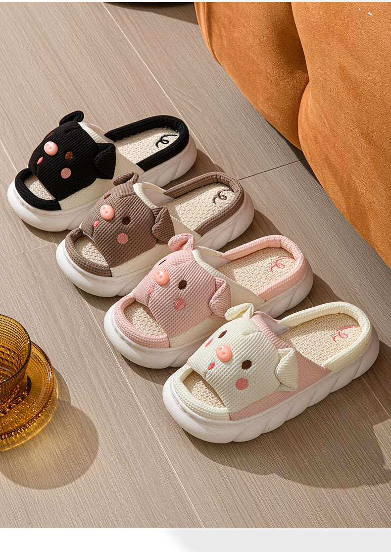 Cross-border Foreign Trade Tail Pig Cute Men and Women Couple Universal Open Toe Linen Cotton Linen Slippers