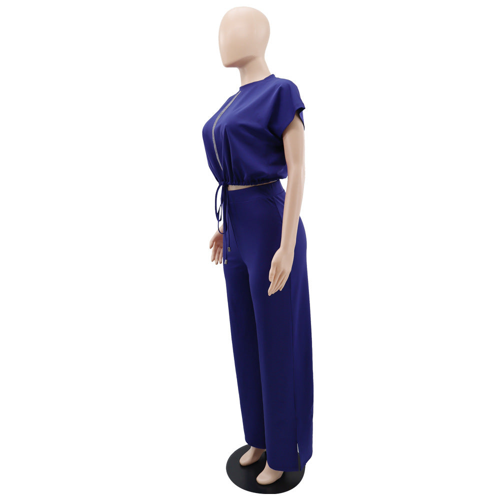 Ensemble Deux Pièces Femme – Top Cordon & Pantalon Taille Haute Fendu, Été