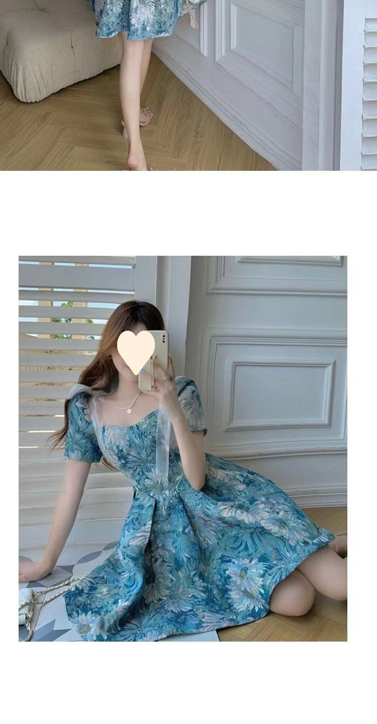 Floral dress Women's Summer French Style Elegant Short Waisted Skirt Niche Tutu Skirt Design Sense Sweet Puff Sleeve Skirt