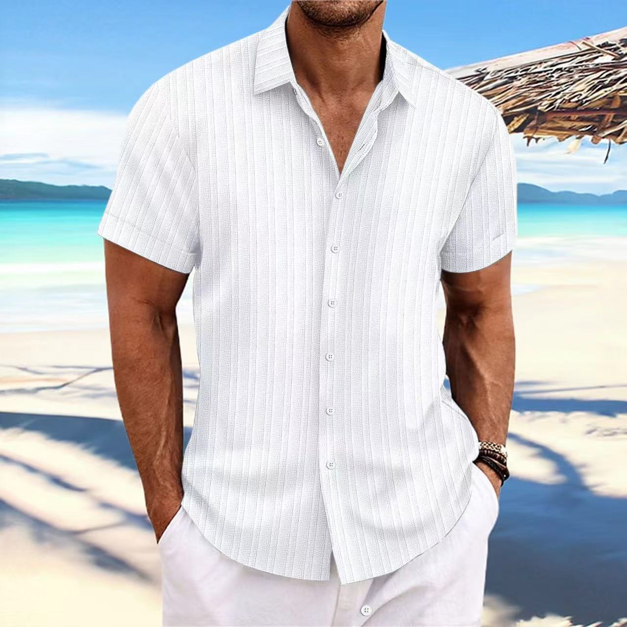 Chemise Homme Lin Rayée Manches Courtes – Style Britannique, Respirante, Été