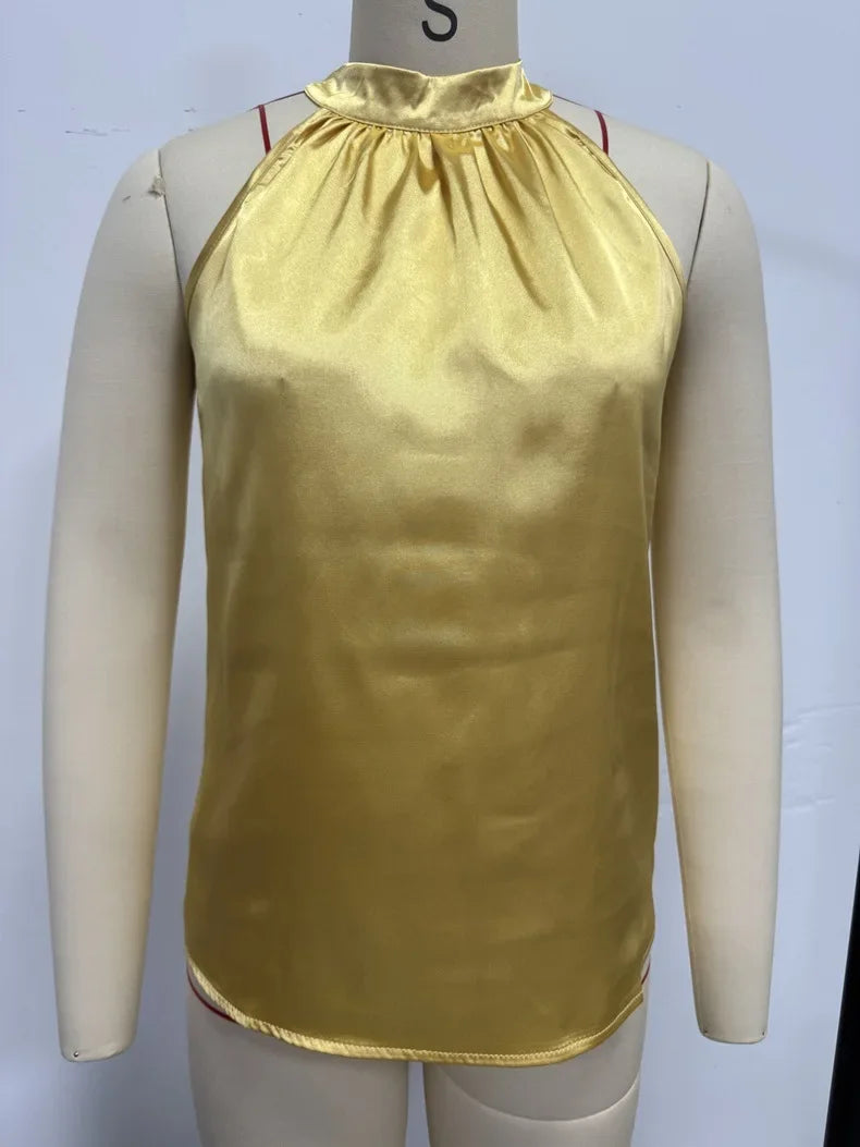 Amazon 2026 European and American Cross-Border Foreign Trade Summer New Satin Vest for Women, Solid Color Off-Shoulder Halter Neck Sleeveless Top