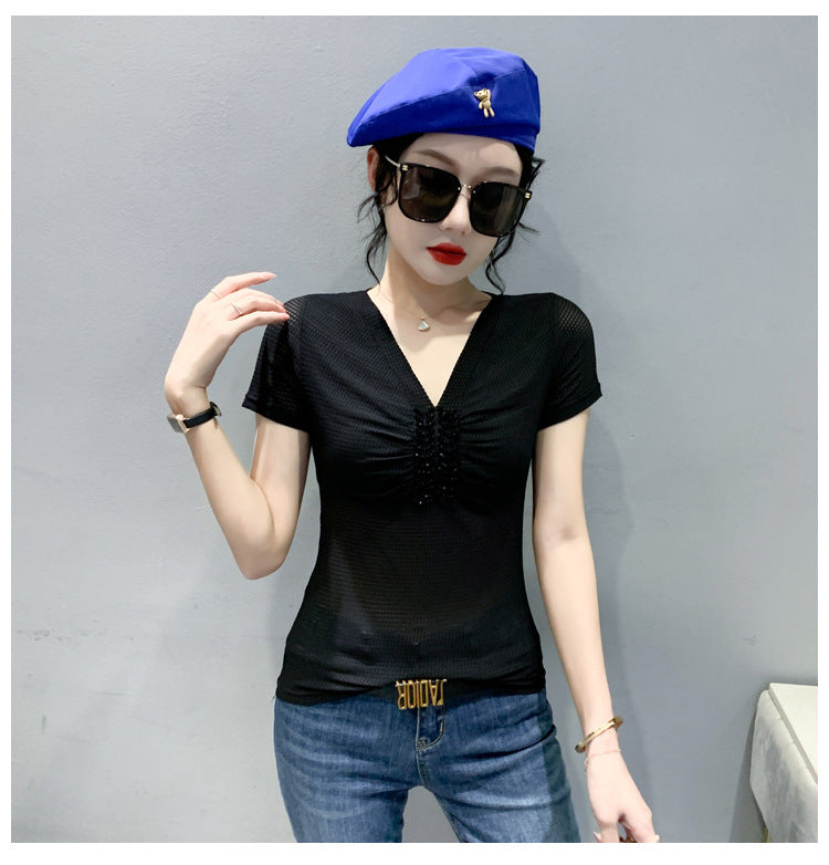 European 2024 Summer New Design Niche V-neck Bead Short-sleeved T-shirt Women's Slim-fit All-match Ins Top