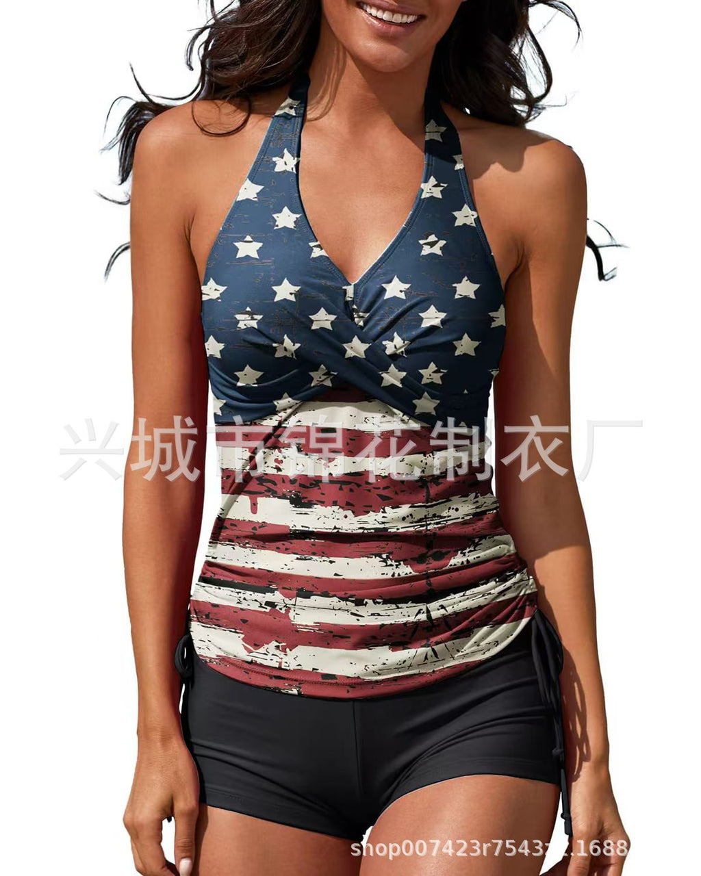 Cross-Border European and American Women's Fashionable High-End Two-Piece Split Hot Spring Resort Swimsuit with Drawstring Swimsuit with Boxer Angle