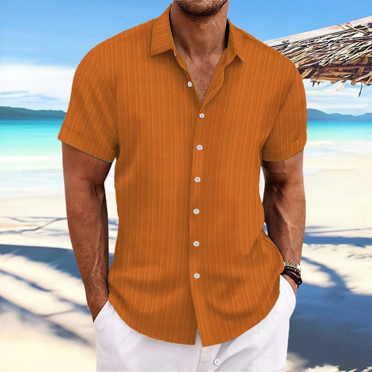 Chemise Homme Lin Rayée Manches Courtes – Style Britannique, Respirante, Été