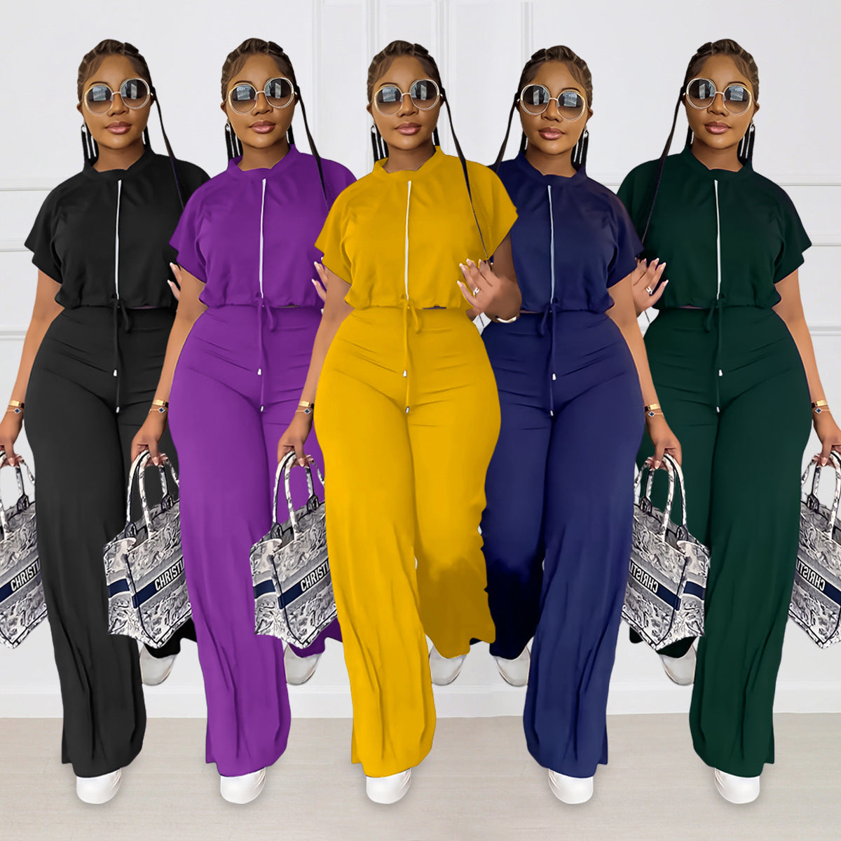 10163 cross-border European and American Amazon summer drawstring short top high waist split women's trousers fashion two-piece suit