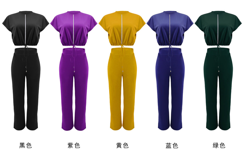 Ensemble Deux Pièces Femme – Top Cordon & Pantalon Taille Haute Fendu, Été