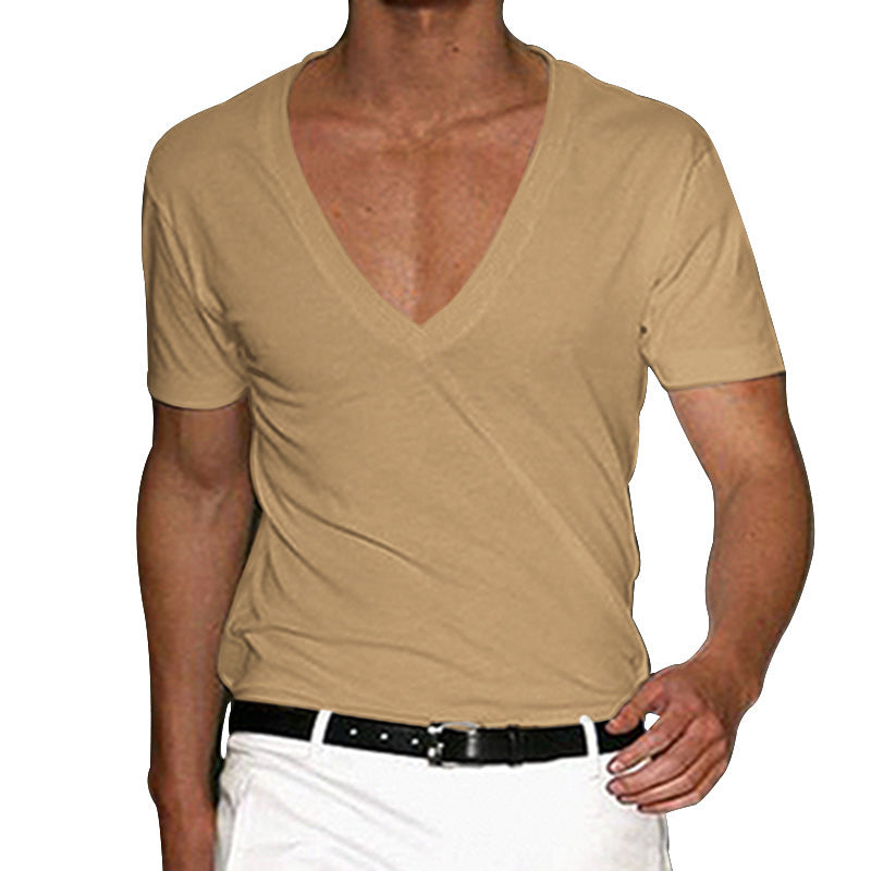 2025 Independent Station European and American Men's Short-Sleeved V Neck T-Shirt Amazon Men's Slim Pure Color Casual T-Shirt Short-Sleeved Men