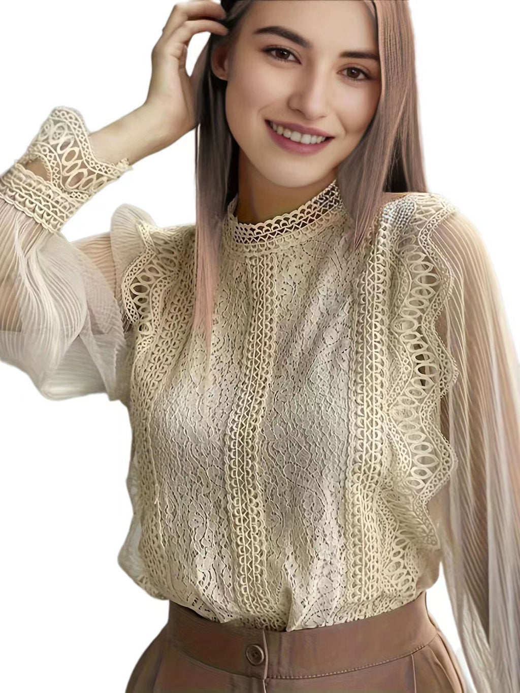 Europe, America and Russia Cross-border Foreign Trade New Elegant Solid Color Mesh Long Sleeve Puff Sleeve Crewneck Top Women's Lace Shirt