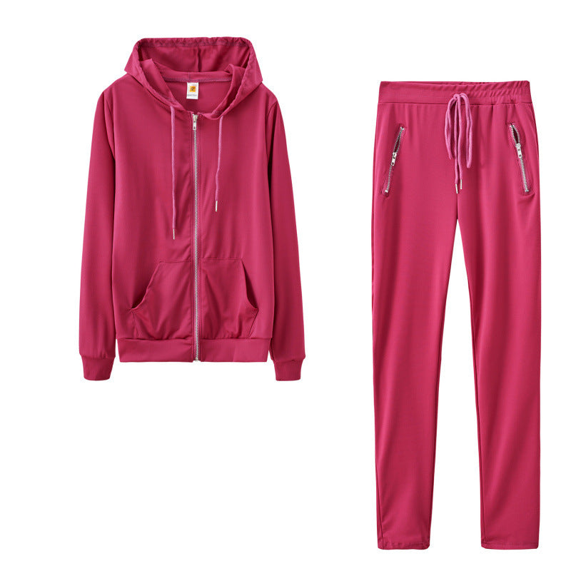 2024 cross-border autumn and winter European and American women's fashion sports leisure solid color suit personality zipper pocket two-piece set