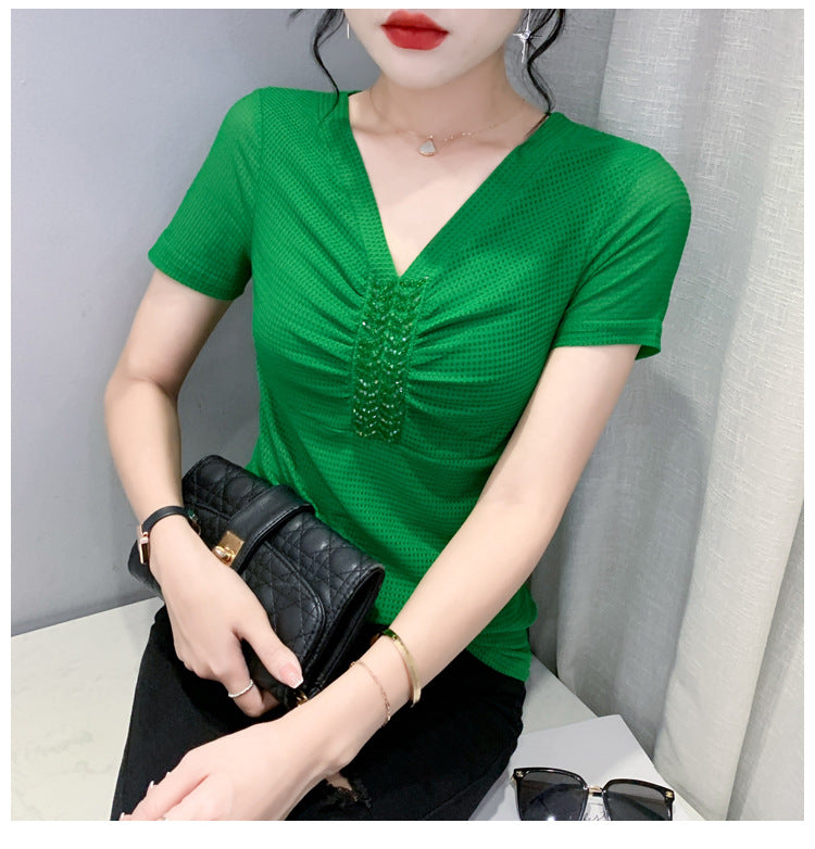 European 2024 Summer New Design Niche V-neck Bead Short-sleeved T-shirt Women's Slim-fit All-match Ins Top