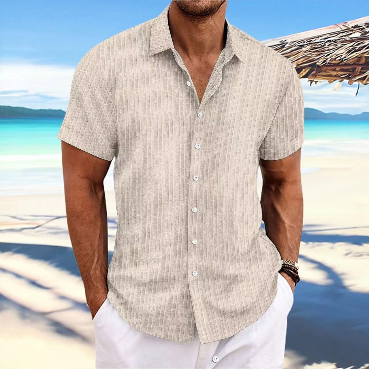 Chemise Homme Lin Rayée Manches Courtes – Style Britannique, Respirante, Été