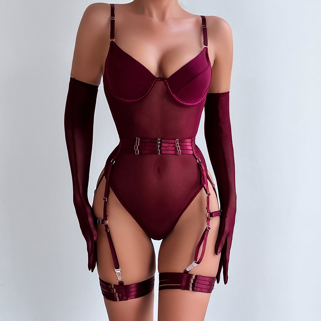 Lingerie Sexy Trois Pièces Dentelle avec Gants – Bralette, Culotte & Gants